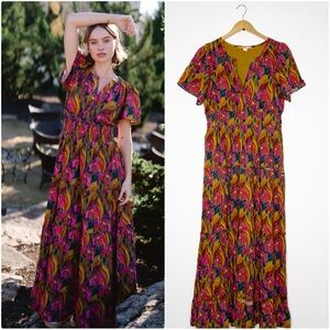 Briton Court Willow Maxi Dress Purple Green Bird Print Size Medium Short Sleeve